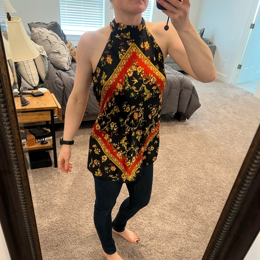 Black floral top with tie back neck